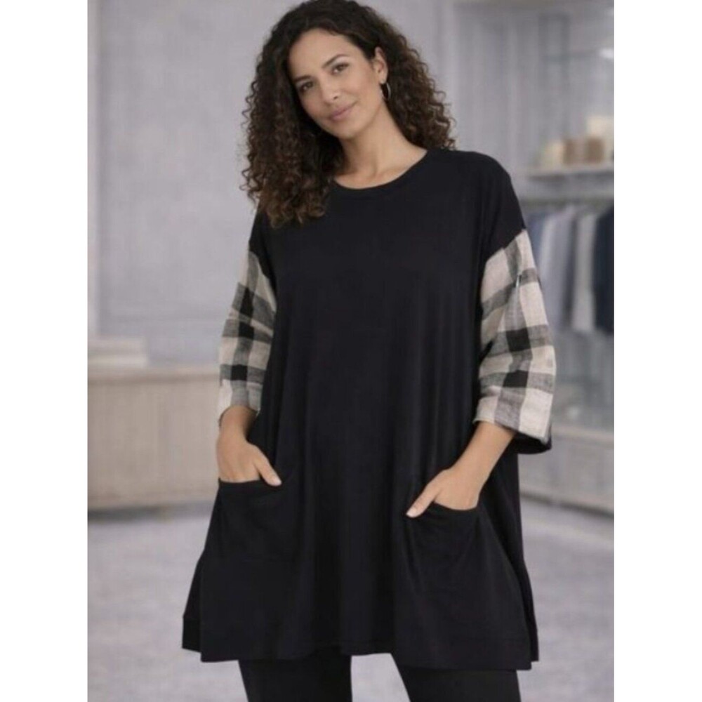 ALEMBIKA Plaid Sleeve Top Size S Linen Blend Tunic Wide Drop Shoulder